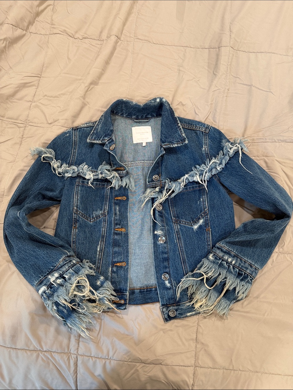 Zara Frayed Trim Denim Jacket in Medium Blue - Picture 1 of 5